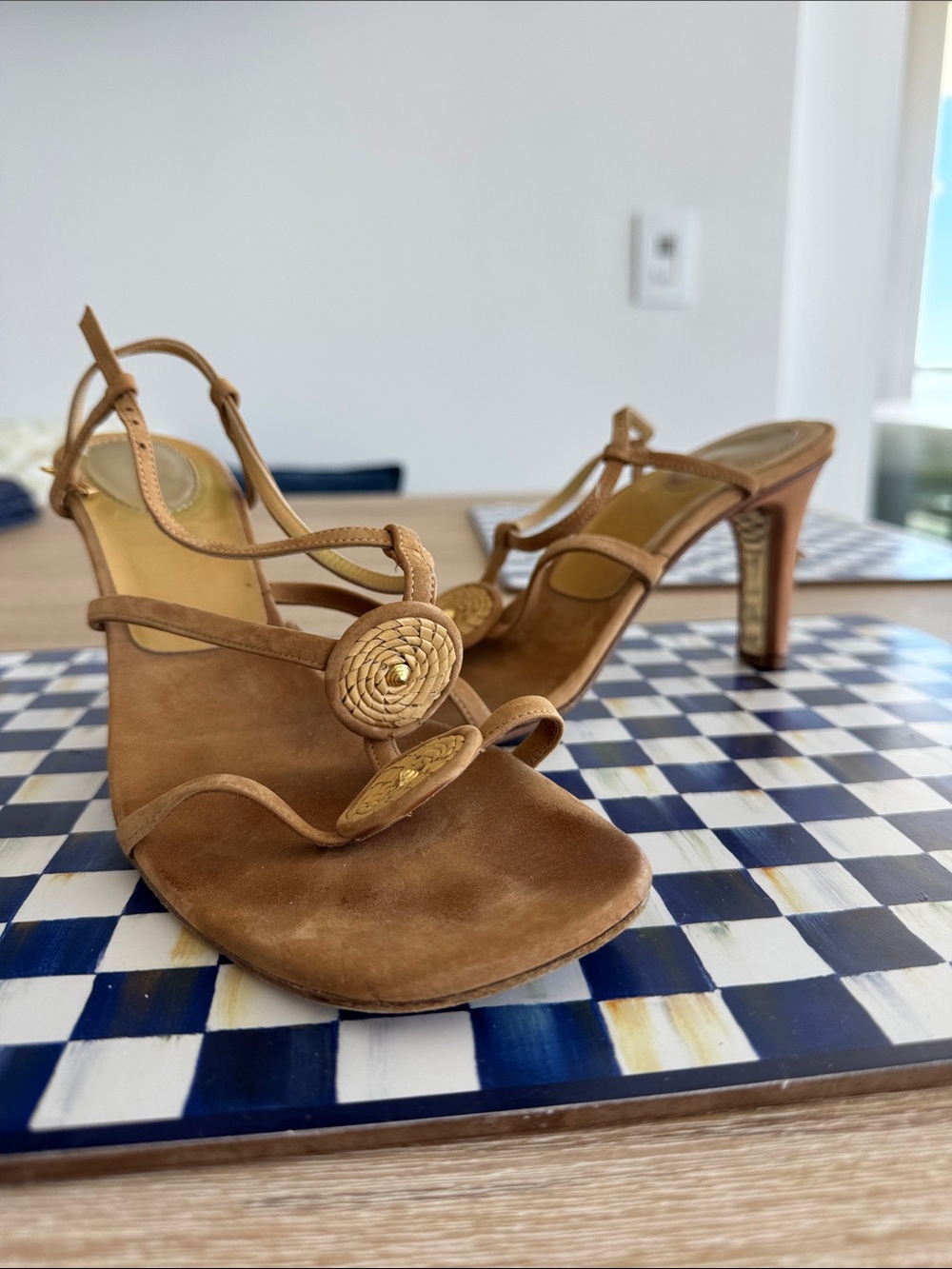 Casadei Brown Suede Strappy Medallion Heels 9 1/2